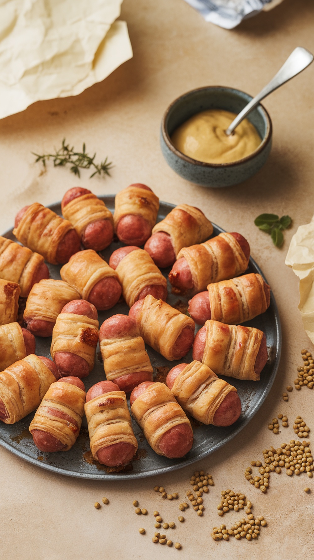 A close-up of a plate of pigs in a blanket with a bowl of mustard