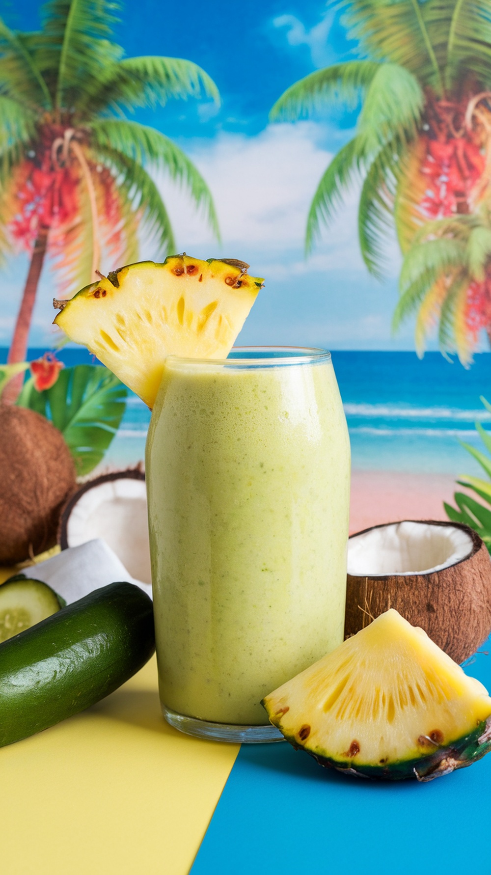 A refreshing pineapple cucumber detox smoothie in a glass, surrounded by fresh pineapple and cucumber, with a tropical beach background.