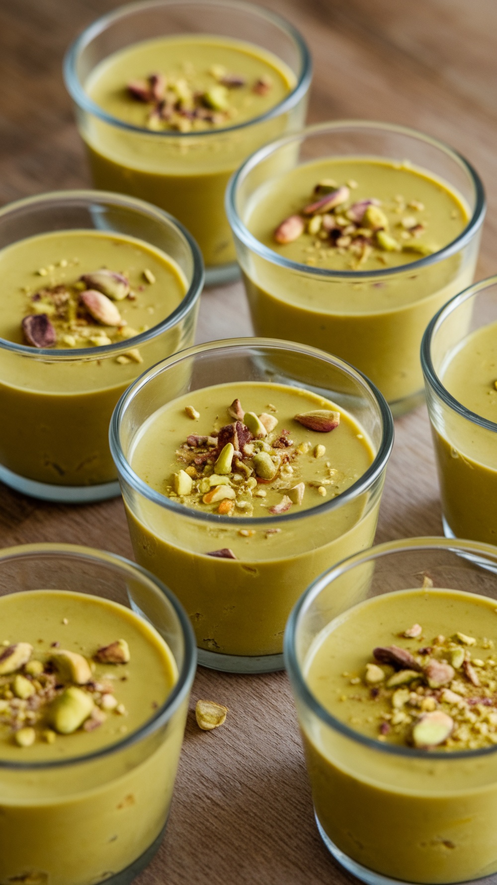 Mini dessert cups filled with pistachio and rosewater pudding topped with crushed pistachios.