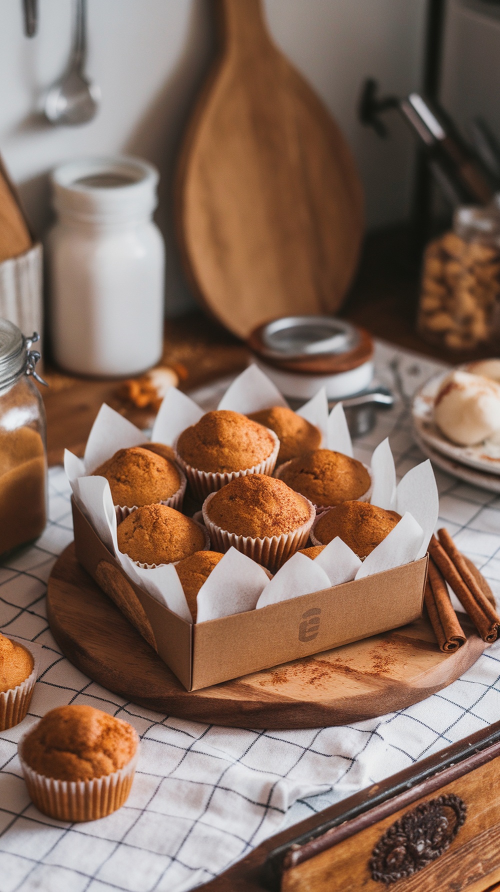 A box of freshly baked pumpkin spice mini muffins arranged neatly with cinnamon sticks nearby