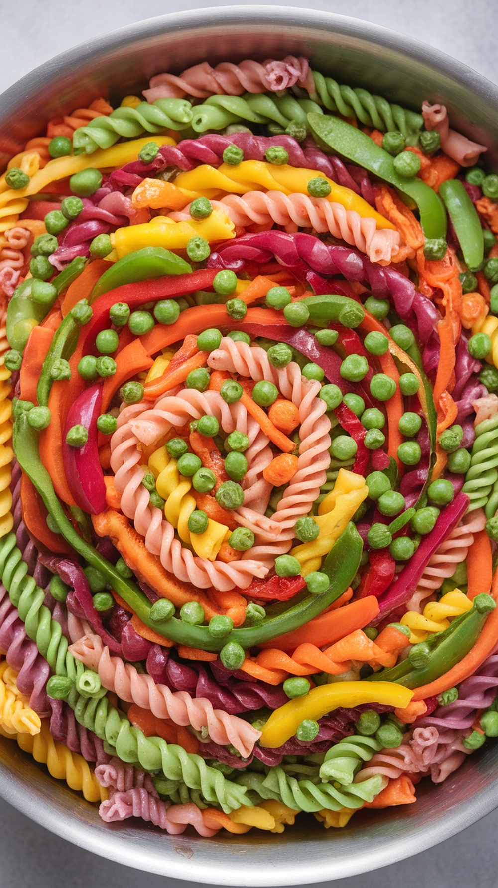 A colorful rainbow pasta salad with various shades of pasta and bell peppers, topped with green peas.