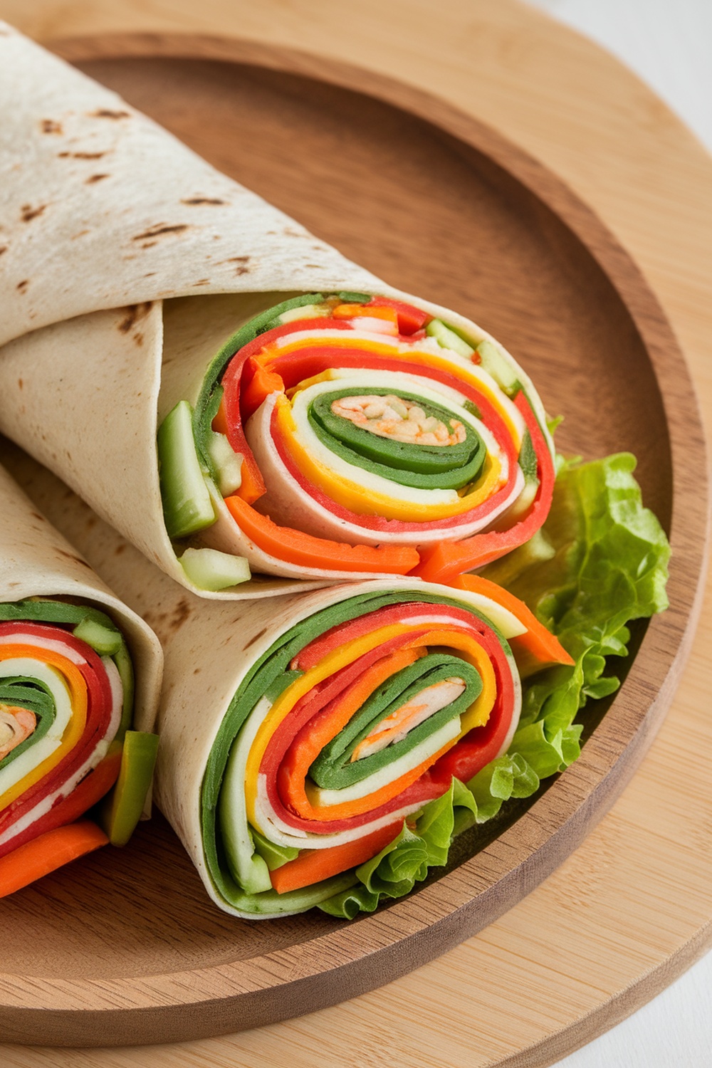 Three colorful rainbow veggie wraps filled with layers of fresh vegetables on a wooden plate.