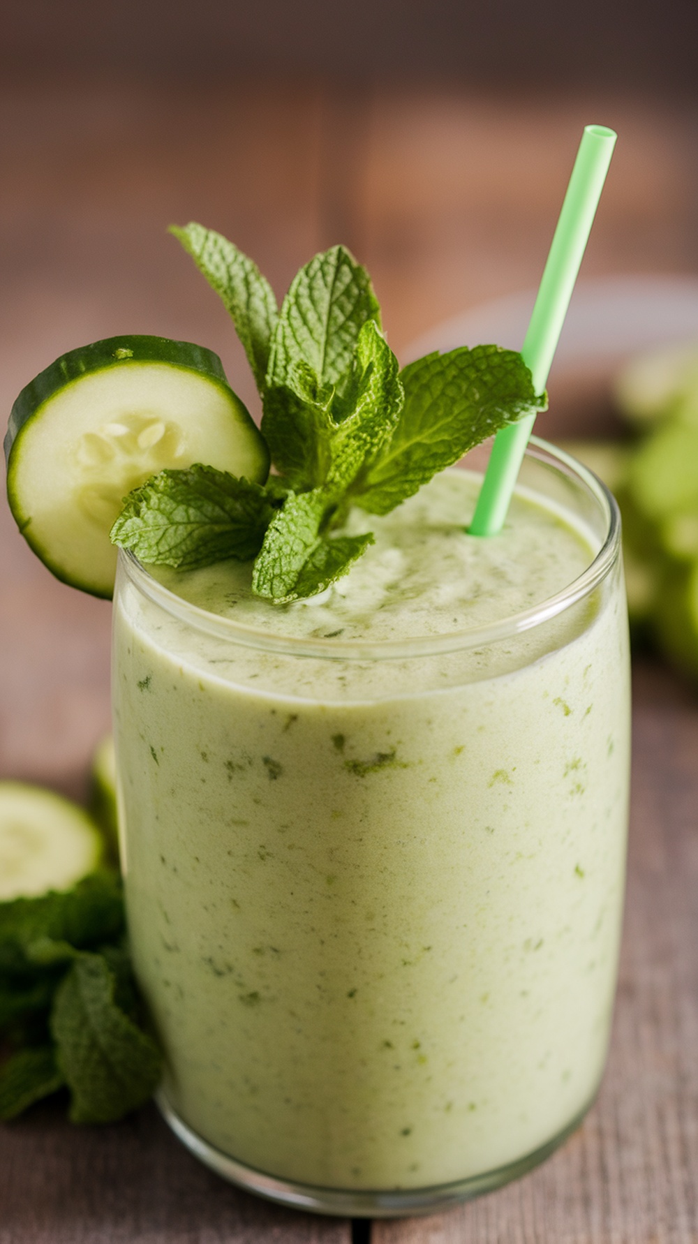 A refreshing cucumber mint smoothie in a glass, garnished with mint leaves and a slice of cucumber.