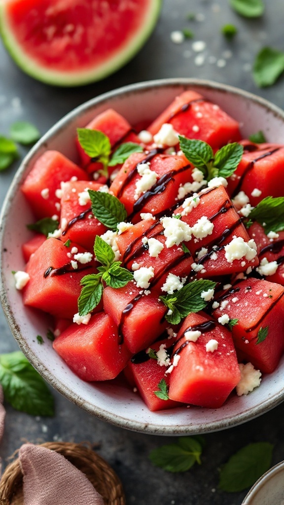 A vibrant watermelon feta salad with mint and balsamic glaze.