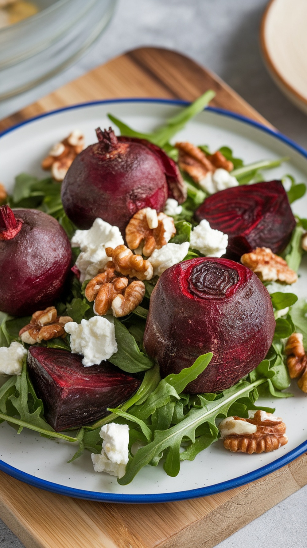 A vibrant Roasted Beet and Arugula Salad with walnuts and feta cheese.