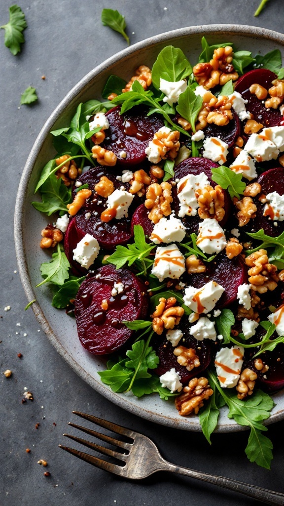 A vibrant salad with roasted beets, goat cheese, walnuts, and greens