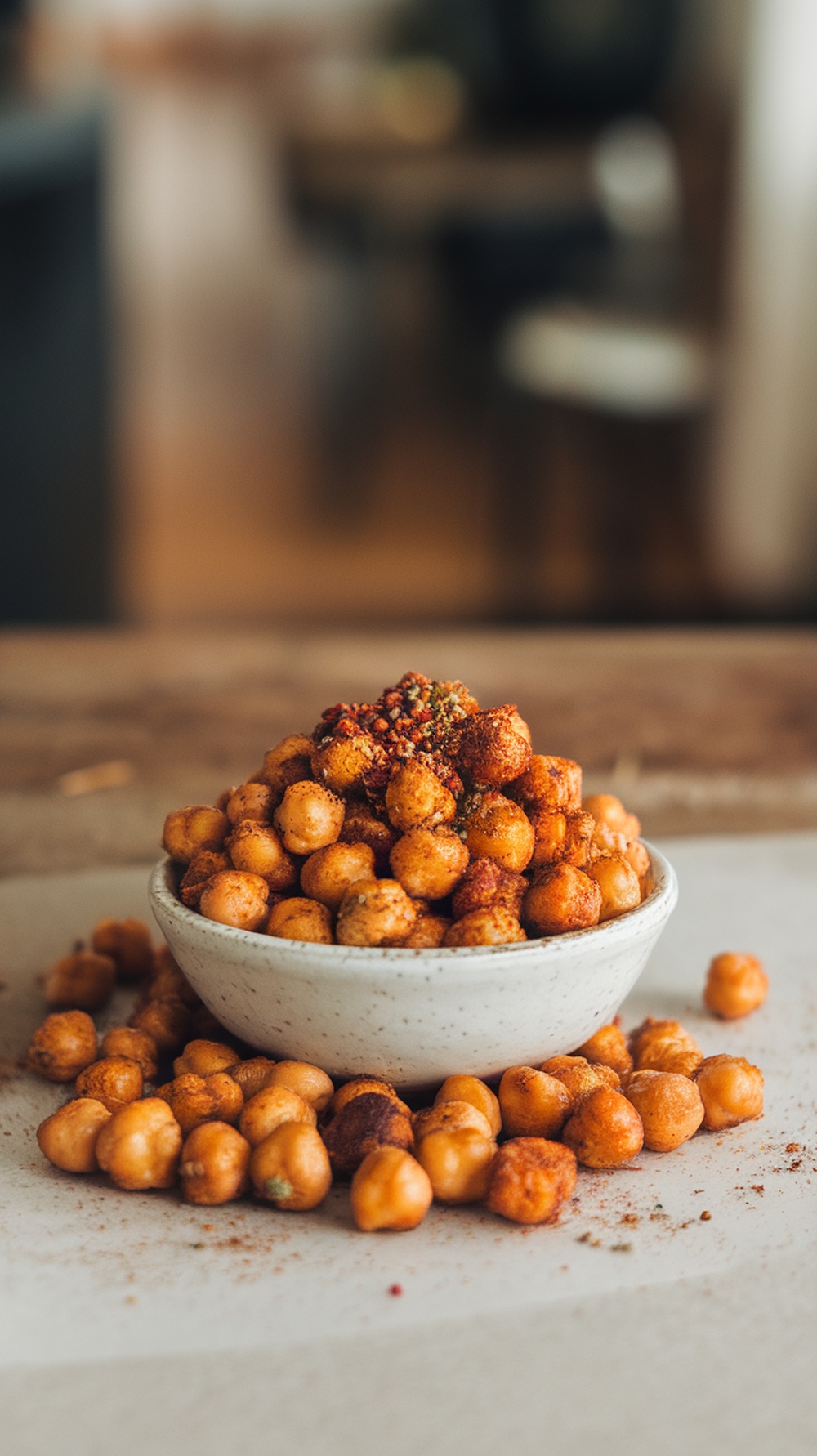 A bowl filled with roasted chickpeas, topped with spices, sitting on a wooden surface.
