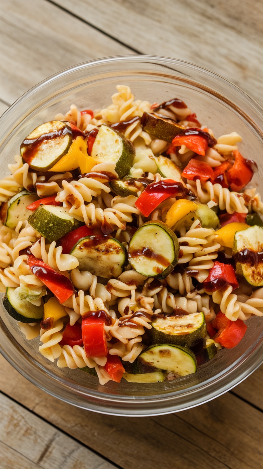 A glass bowl filled with roasted vegetable pasta salad featuring spiral pasta, zucchini, and bell peppers, drizzled with balsamic dressing.