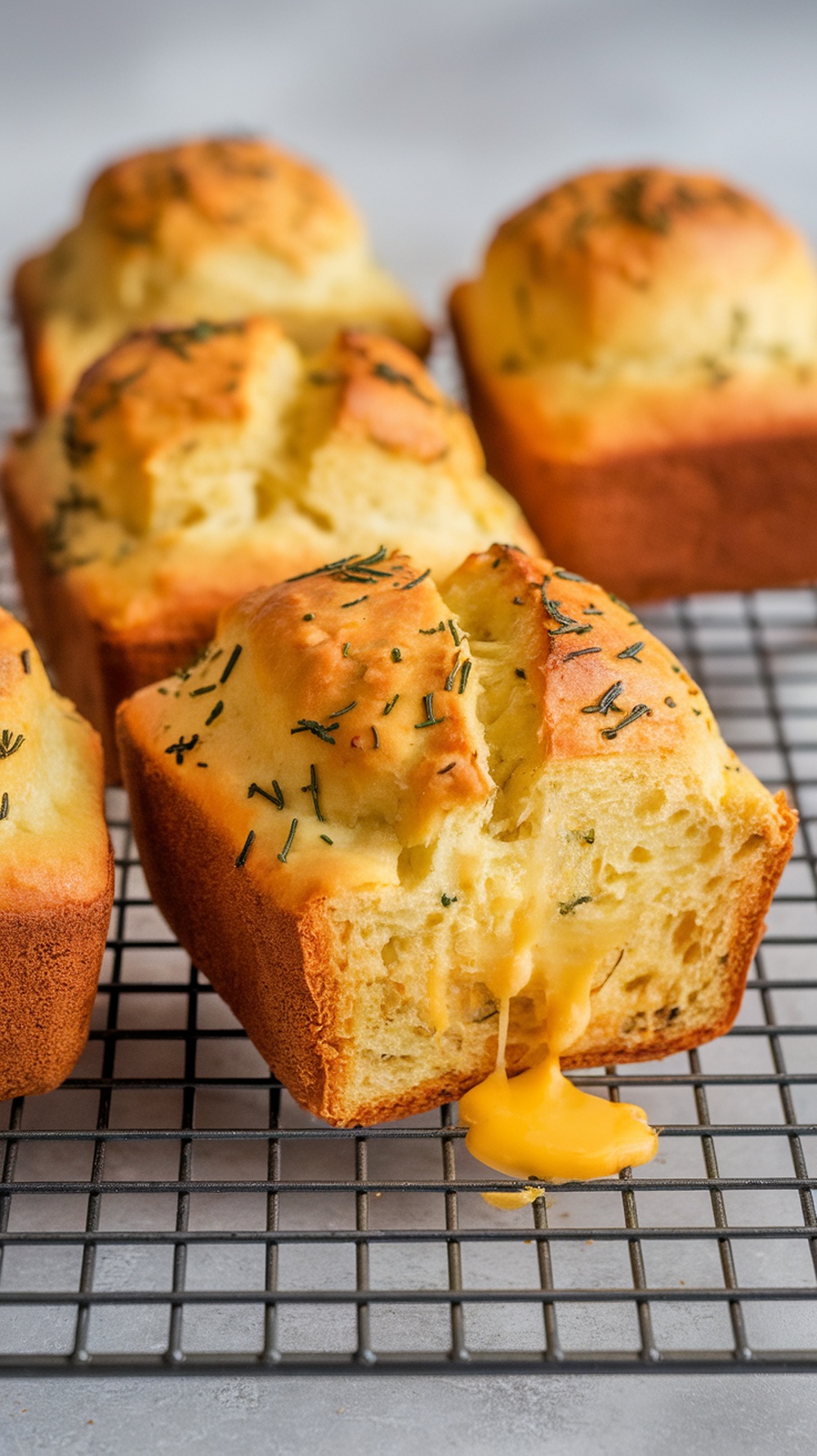 Savory Cheddar and Chive Mini Loaves with melted cheese