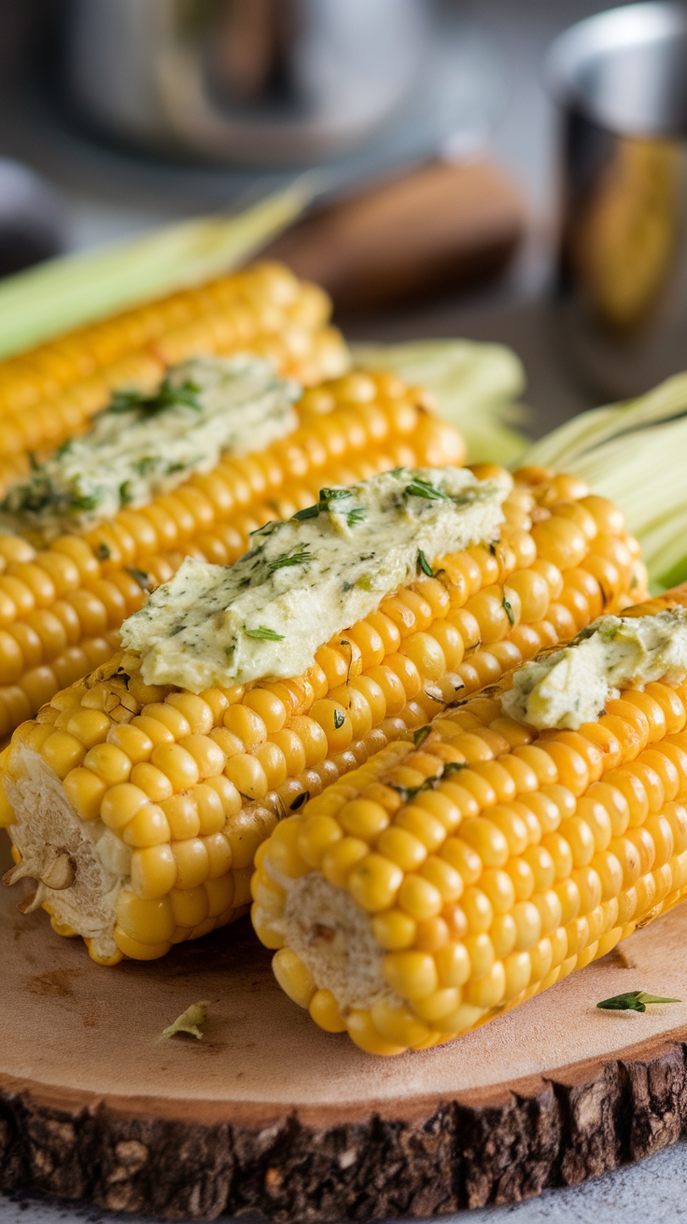 Corn on the cob with herb butter on a wooden platter