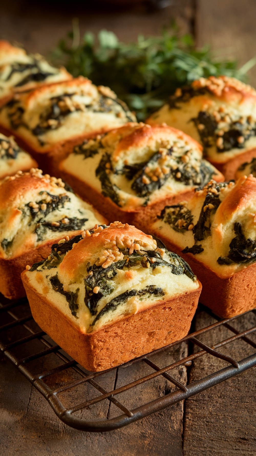 Mini loaves of spinach and feta baked to golden perfection on a wire rack.