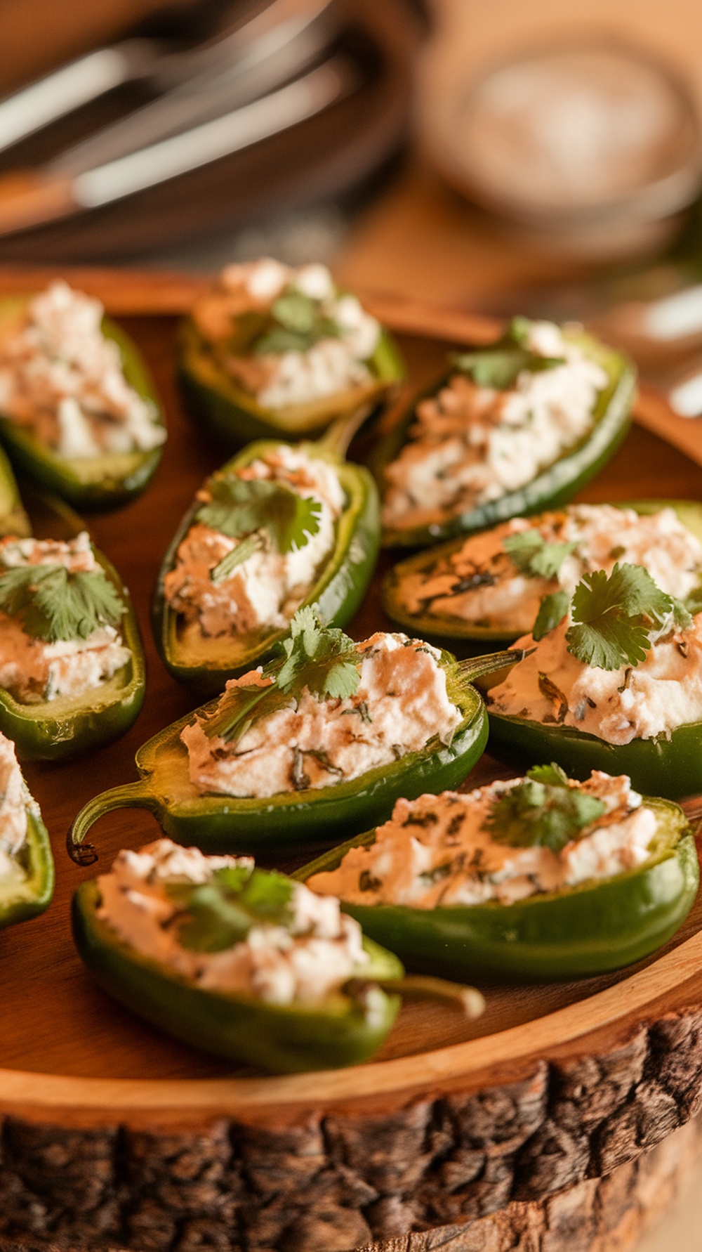 A platter of stuffed jalapeños filled with creamy cheese and topped with herbs.