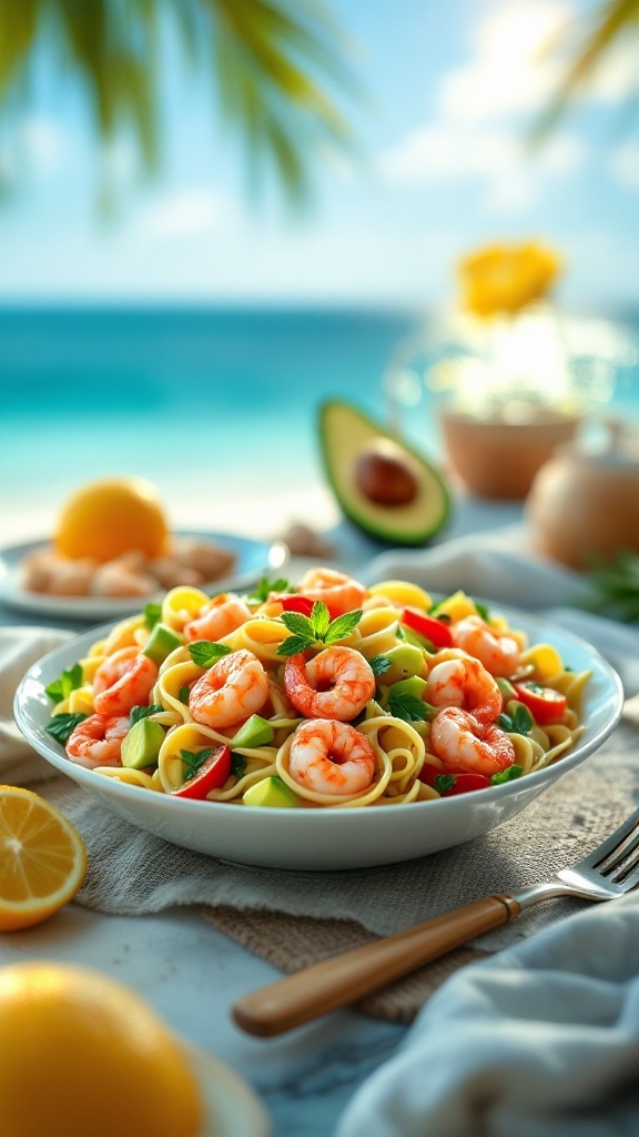 A vibrant bowl of shrimp and avocado pasta salad with colorful vegetables, set against a beach background.