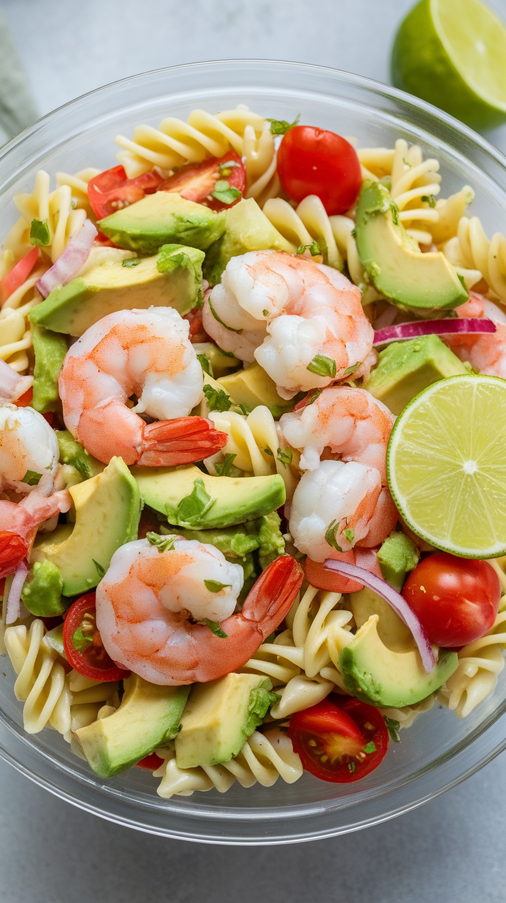 A colorful shrimp and avocado pasta salad with lime, tomatoes, and herbs.