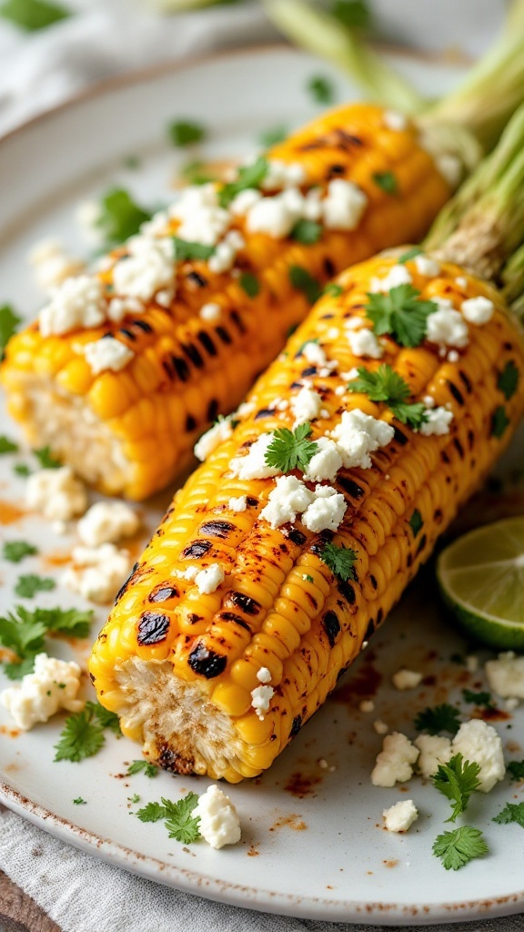 Two grilled corn on the cob topped with cilantro and cheese