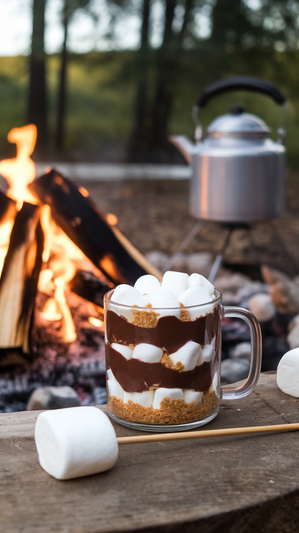A S'mores mug cake layered with chocolate and marshmallows, sitting beside a campfire.