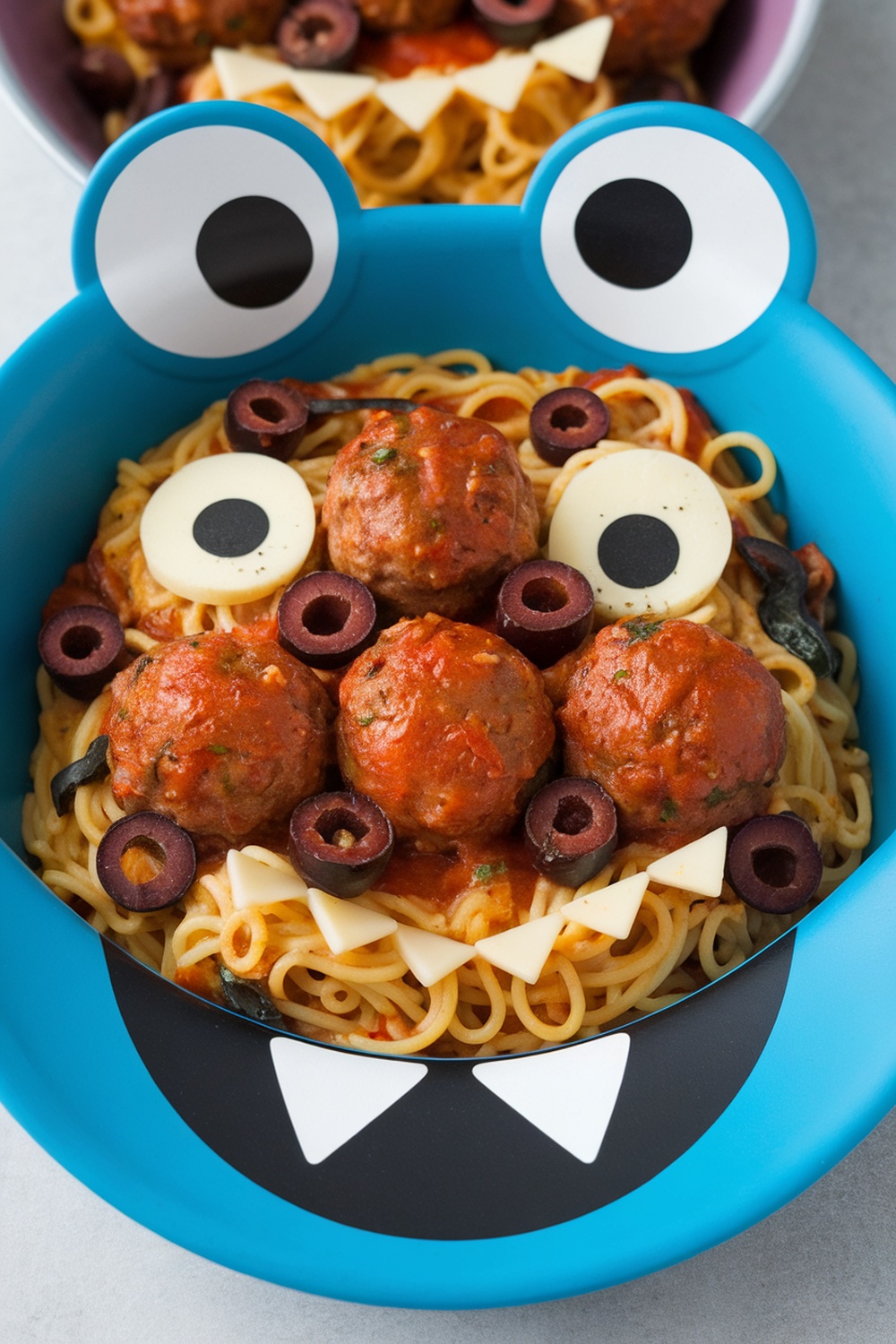 A colorful bowl with spaghetti and meatballs arranged to look like a monster's face, featuring large eyes made from olives and cheese.