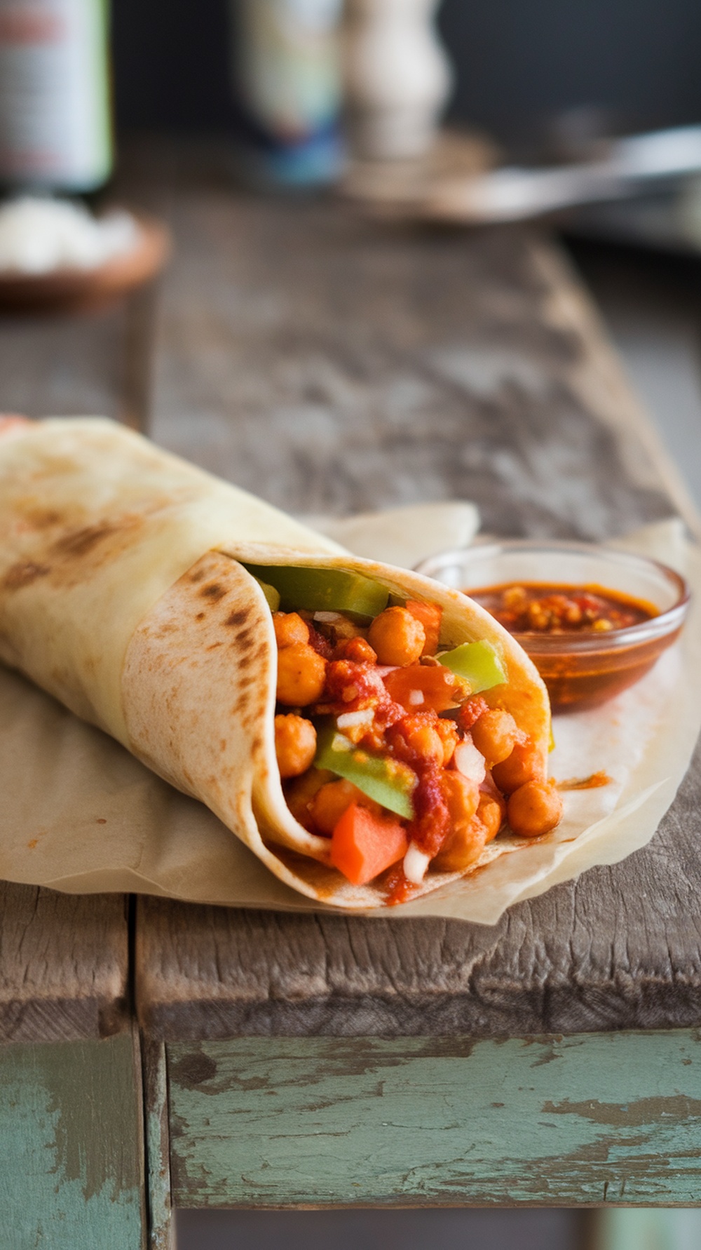 A delicious spicy chickpea wrap filled with fresh vegetables.