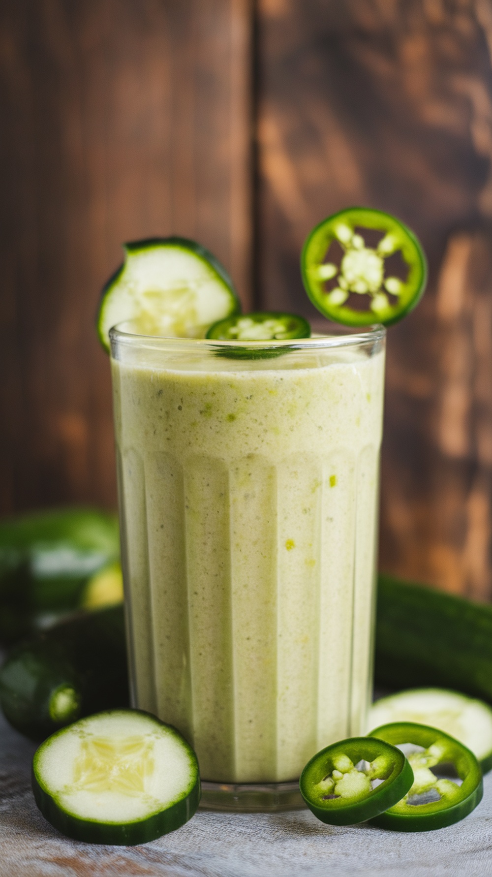 A refreshing green smoothie made with cucumbers and jalapeños, garnished with cucumber slices and jalapeño rings.