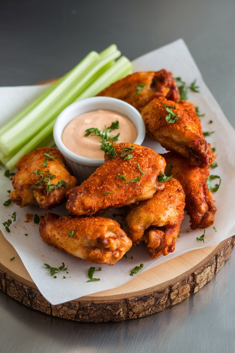 Crispy Spicy Garlic Parmesan Chicken Wings served with celery and dipping sauce