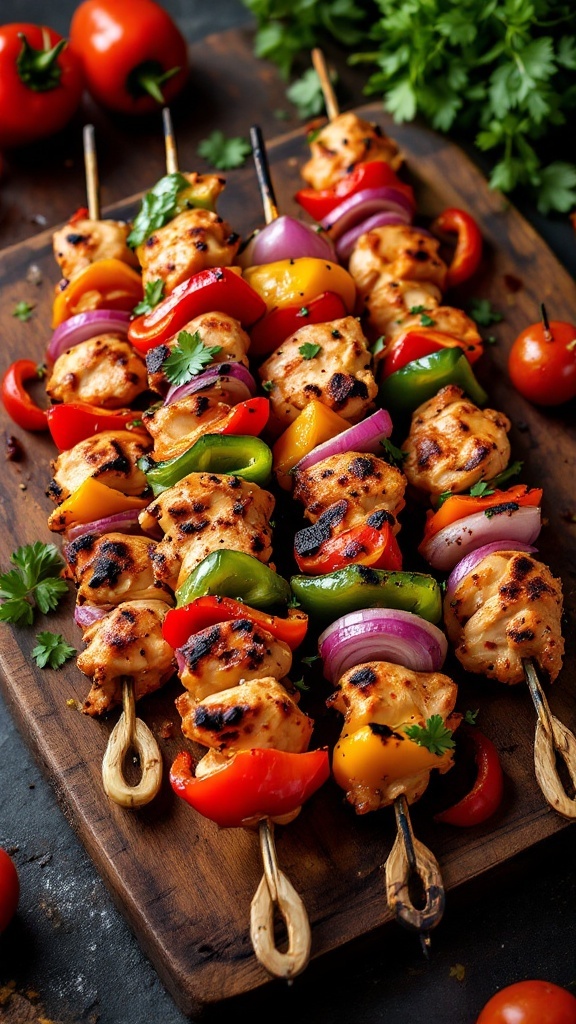 Colorful grilled chicken skewers with vegetables on a wooden platter.