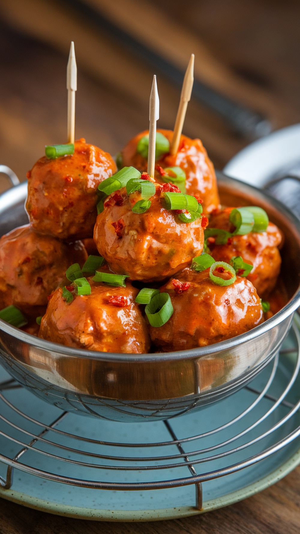 A bowl of spicy meatballs garnished with green onions and toothpicks
