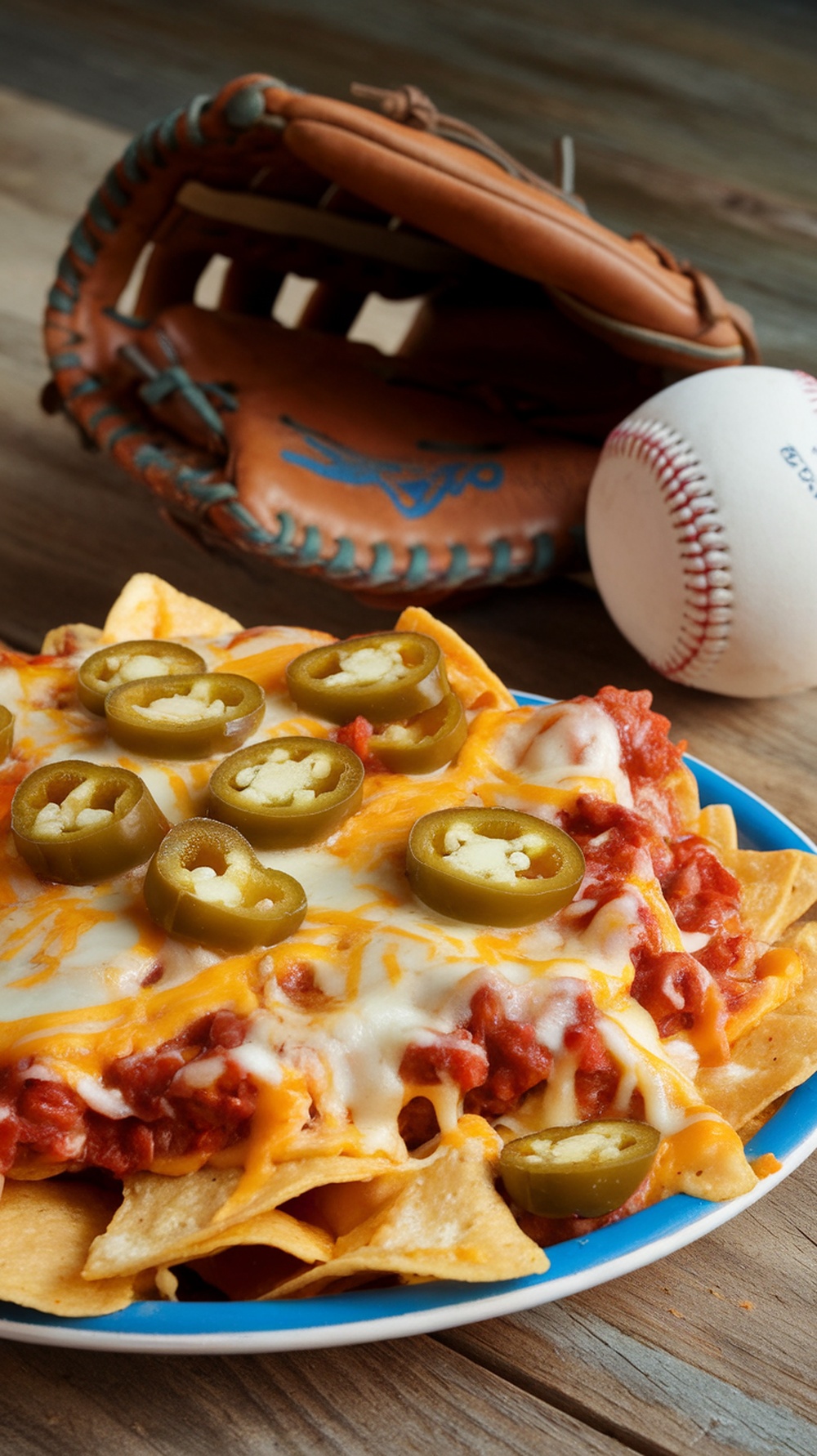 Plate of spicy nachos topped with cheese and jalapeños, served as a baseball snack.
