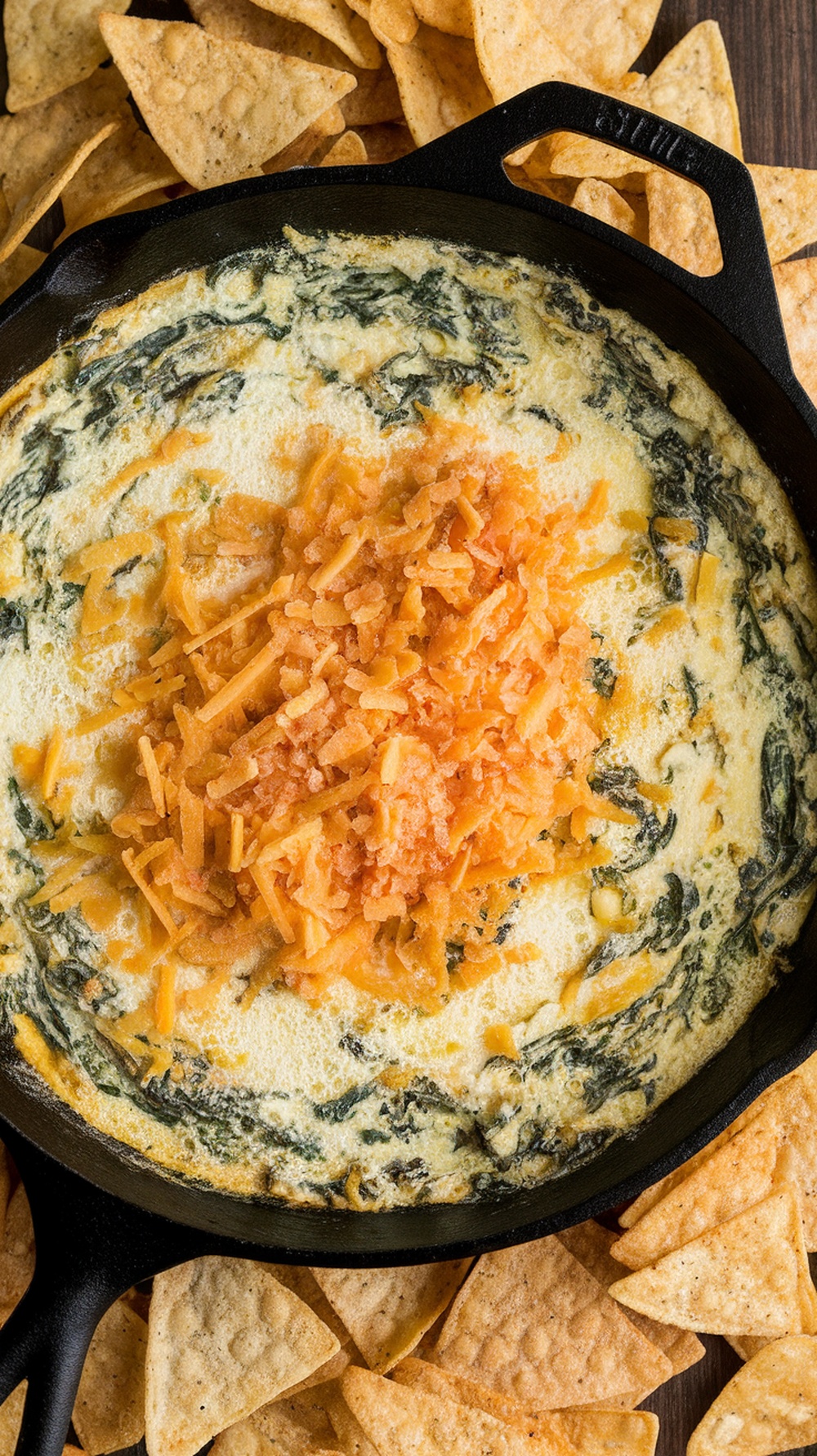 A warm spinach and artichoke dip topped with shredded cheese in a cast iron skillet, surrounded by tortilla chips.