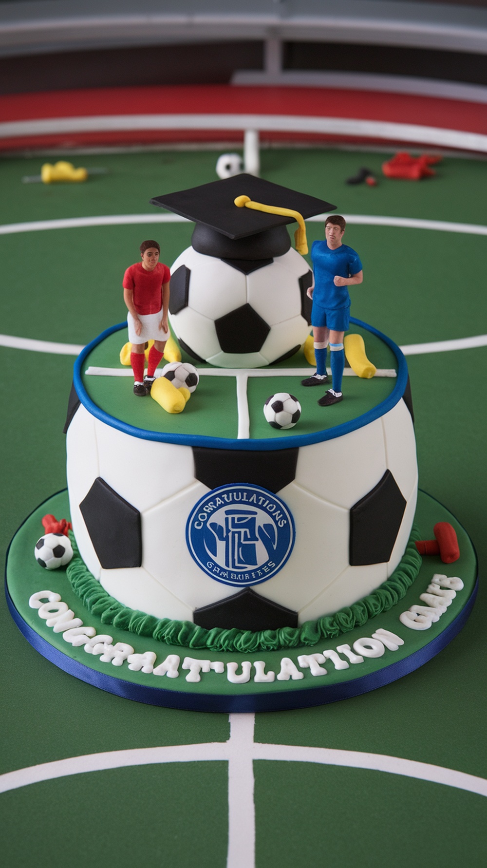 Sport-themed graduation cake shaped like a soccer ball with player figurines