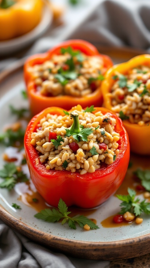 Stuffed bell peppers filled with ground turkey and rice, garnished with parsley.