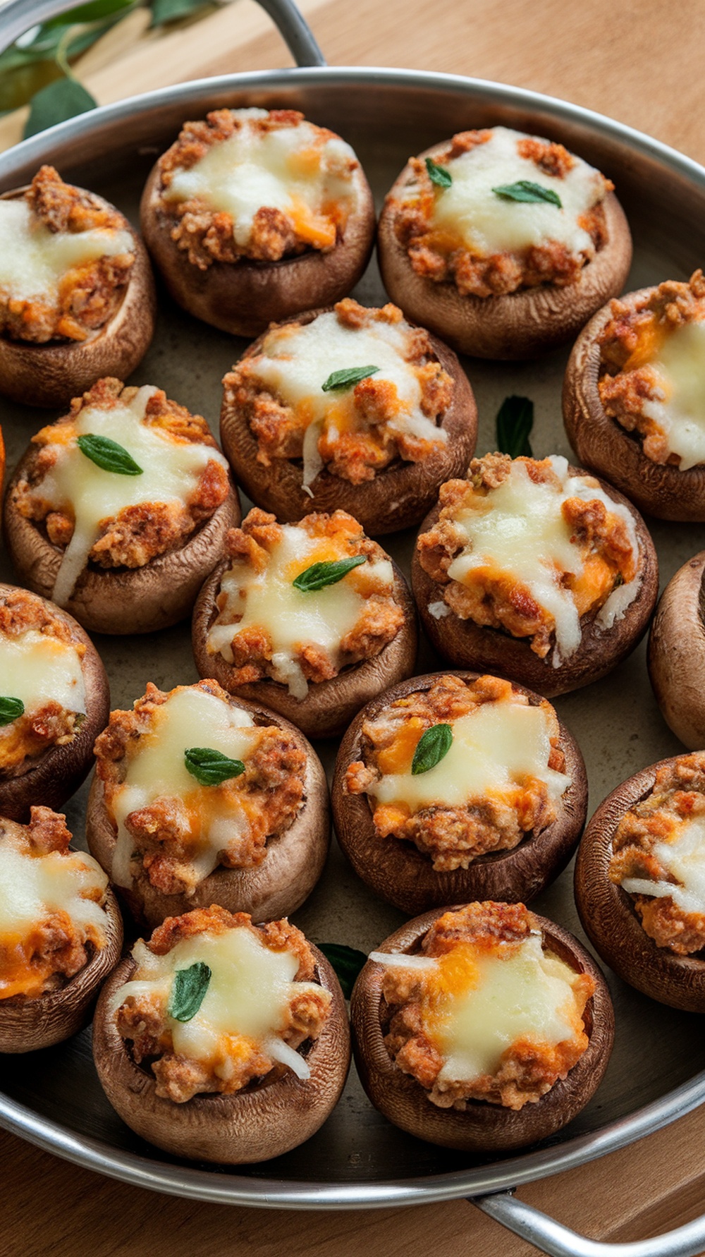 A tray of stuffed mushrooms filled with sausage and topped with melted cheese, garnished with fresh herbs.