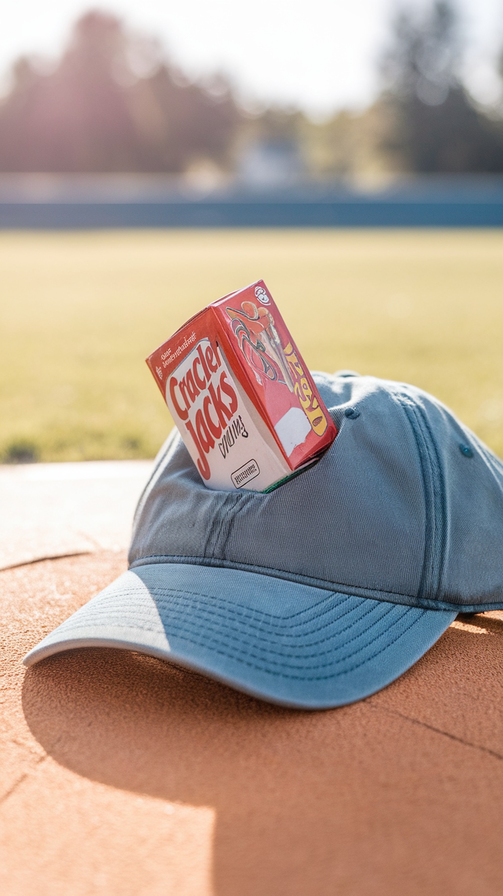 A baseball cap with a box of Cracker Jacks resting on it.