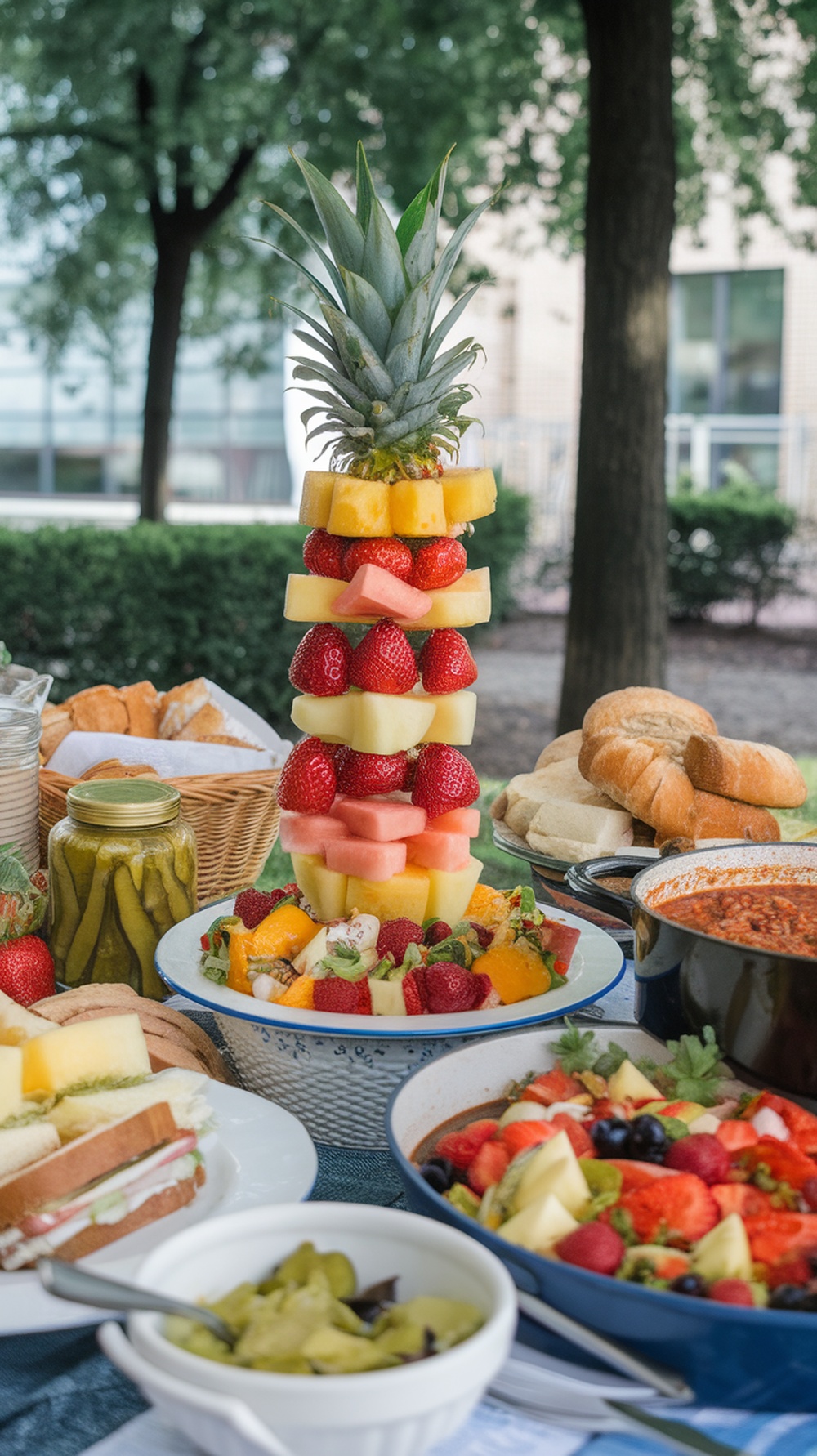 A vibrant tower of fruit skewers made of strawberries, melon, and pineapple, displayed on a picnic table.