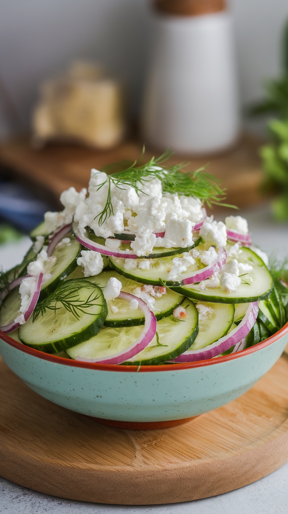 A bowl of Tangy Cucumber Salad with Dill, featuring sliced cucumbers, red onions, and crumbled feta cheese, garnished with fresh dill.