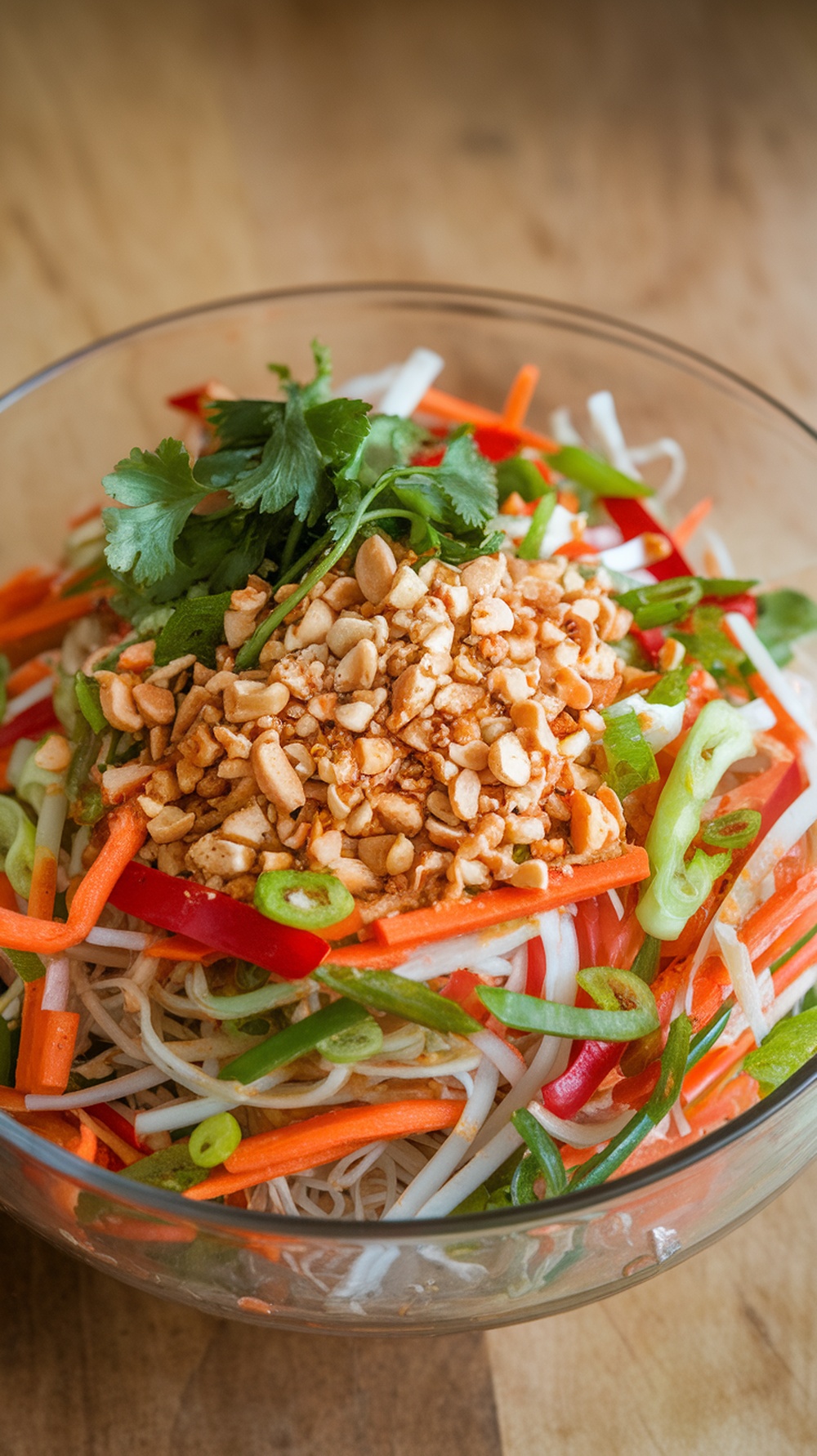 A bowl of Thai Noodle Salad with colorful vegetables and peanuts on top.