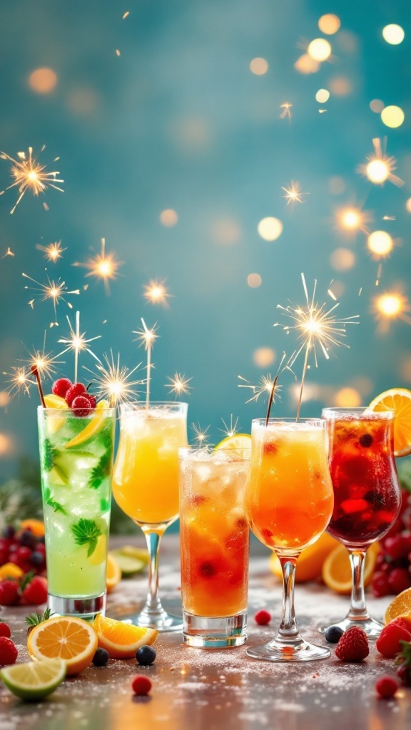A variety of colorful cocktails with sparklers on a table, decorated with fruits for a festive Fourth of July.