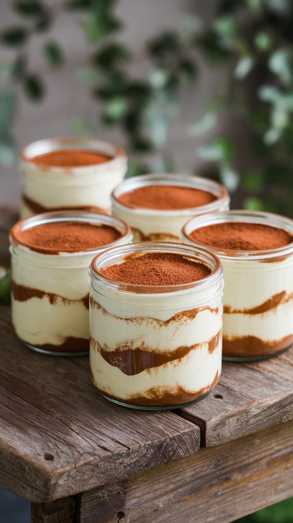 Mini dessert cups of tiramisu in jars with cocoa dusting