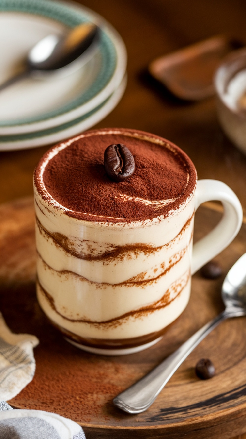 A delicious tiramisu mug cake with layers of cream and cocoa powder, topped with a coffee bean.