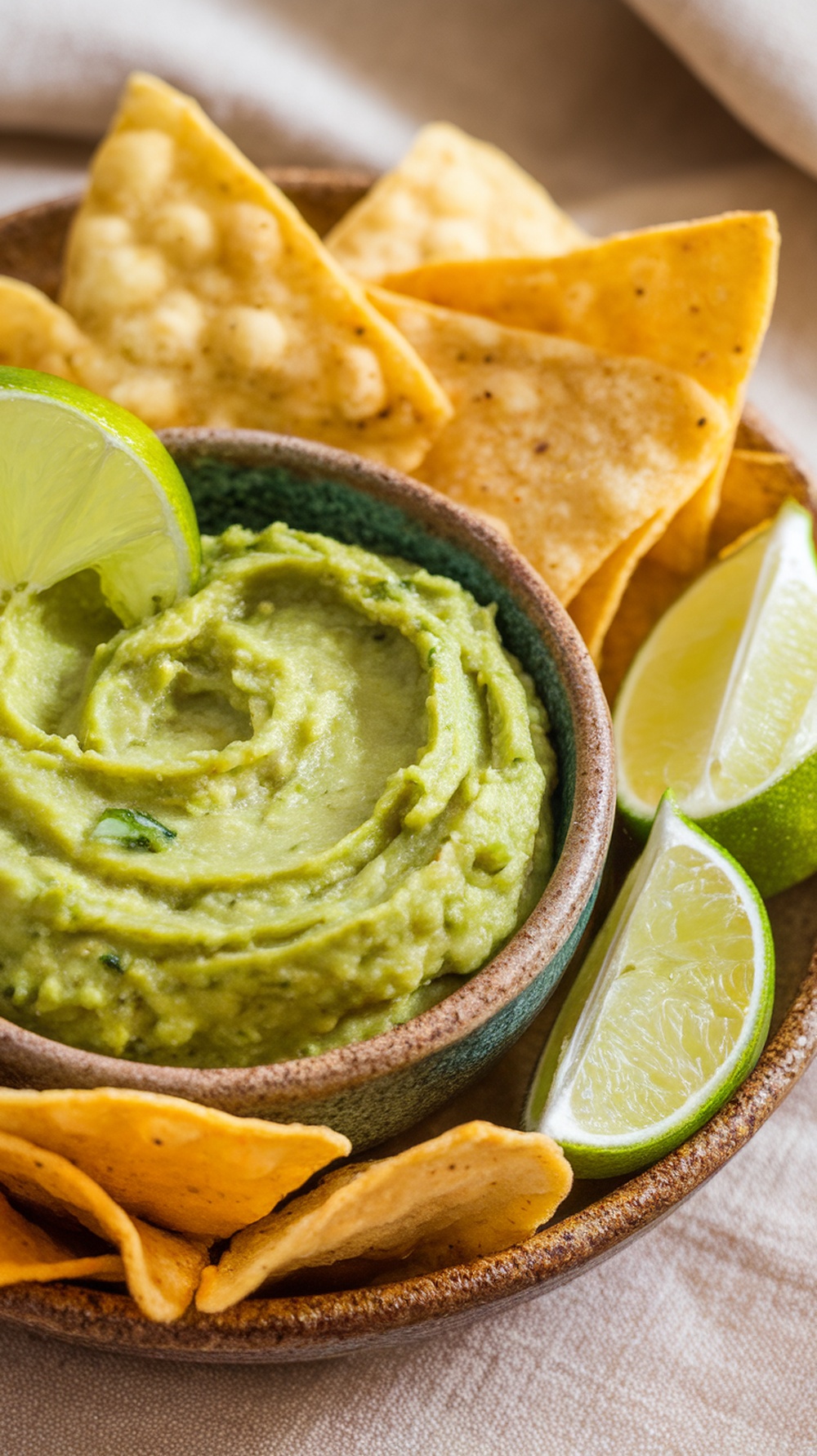 A bowl of guacamole surrounded by tortilla chips and lime wedges