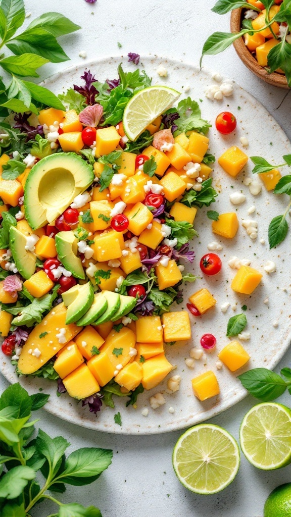 A vibrant Tropical Mango and Avocado Salad with diced mango, avocado slices, cherry tomatoes, and greens on a plate, garnished with lime wedges.