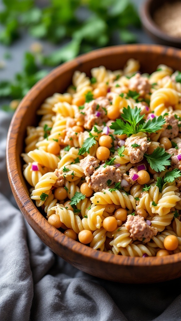 A delicious tuna and chickpea pasta salad in a wooden bowl.