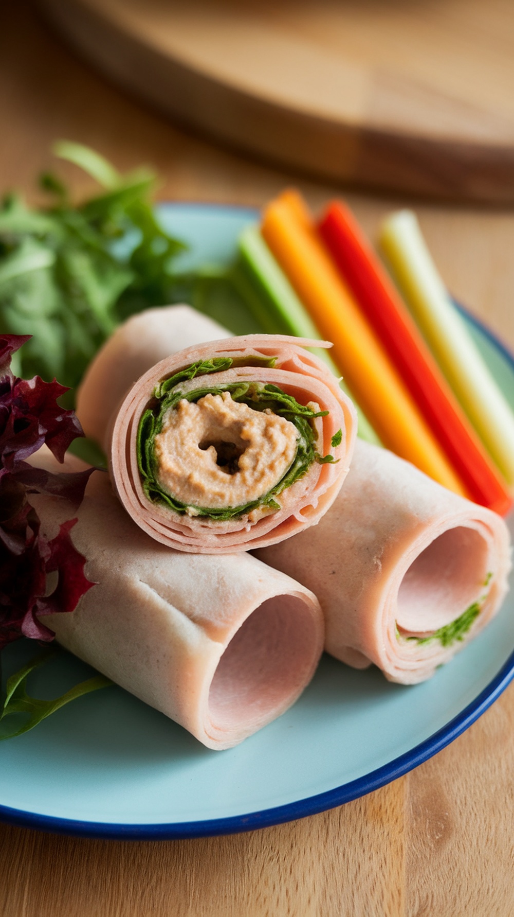 Turkey and hummus roll-ups with fresh greens and sliced veggies.