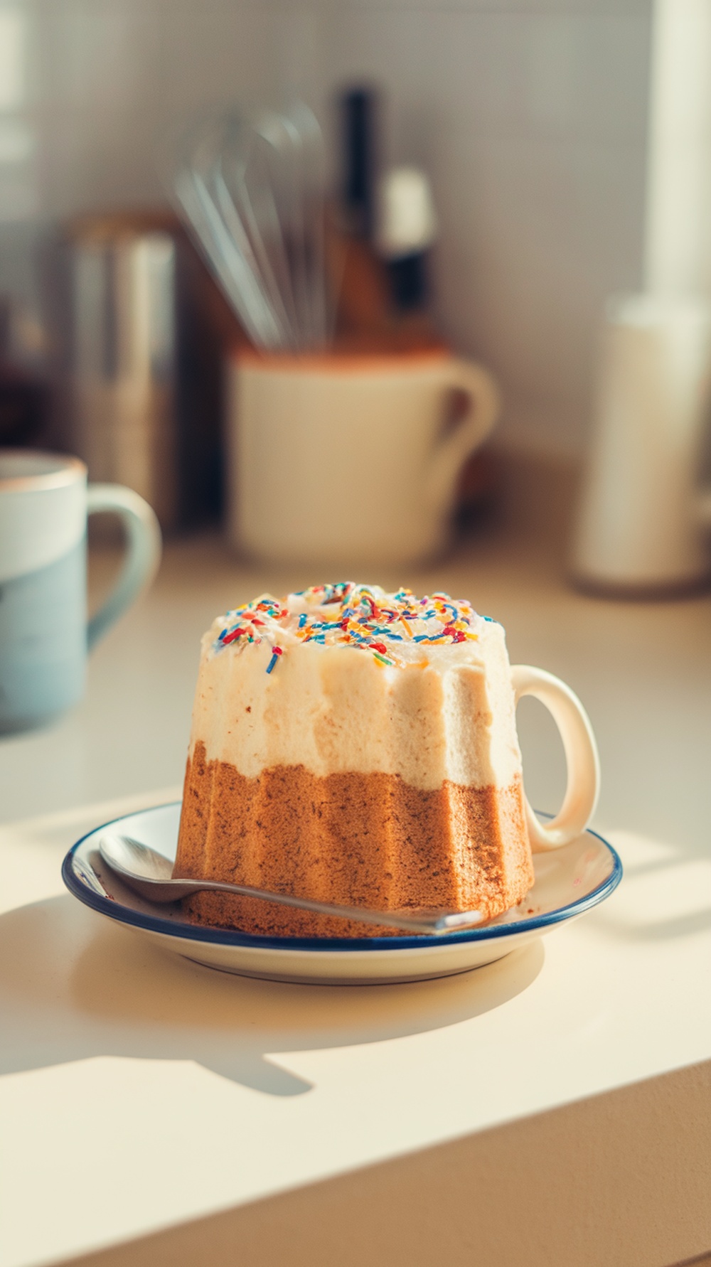 A vanilla bean mug cake with frosting and colorful sprinkles sits on a plate. A spoon rests beside it, and a blurred background features kitchen items.