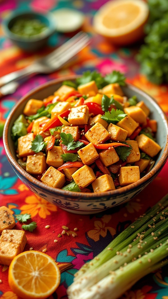 A colorful vegetable stir-fry with cubes of tofu and sesame seeds.