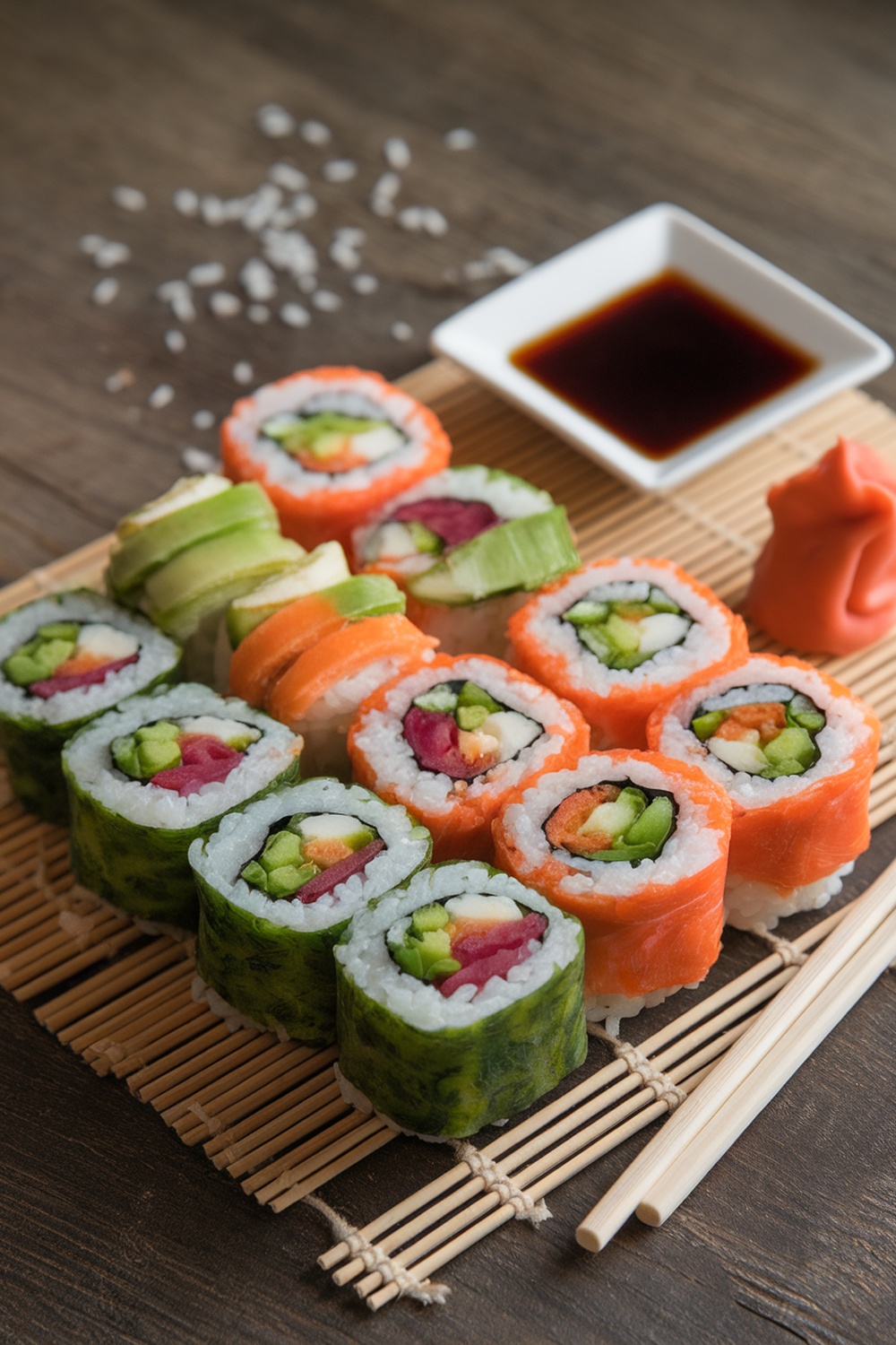 A colorful assortment of vegetable sushi rolls on a bamboo mat with soy sauce and pickled ginger.