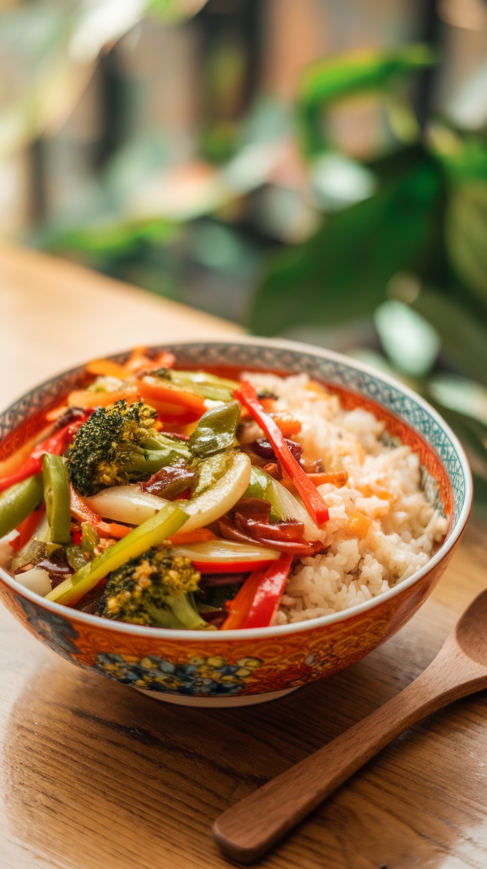 A bowl of colorful veggie stir-fry with rice, featuring vibrant vegetables.