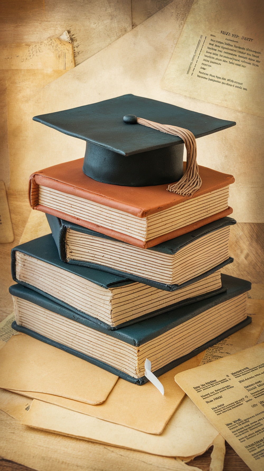 A vintage book-style graduation cake with a mortarboard on top.