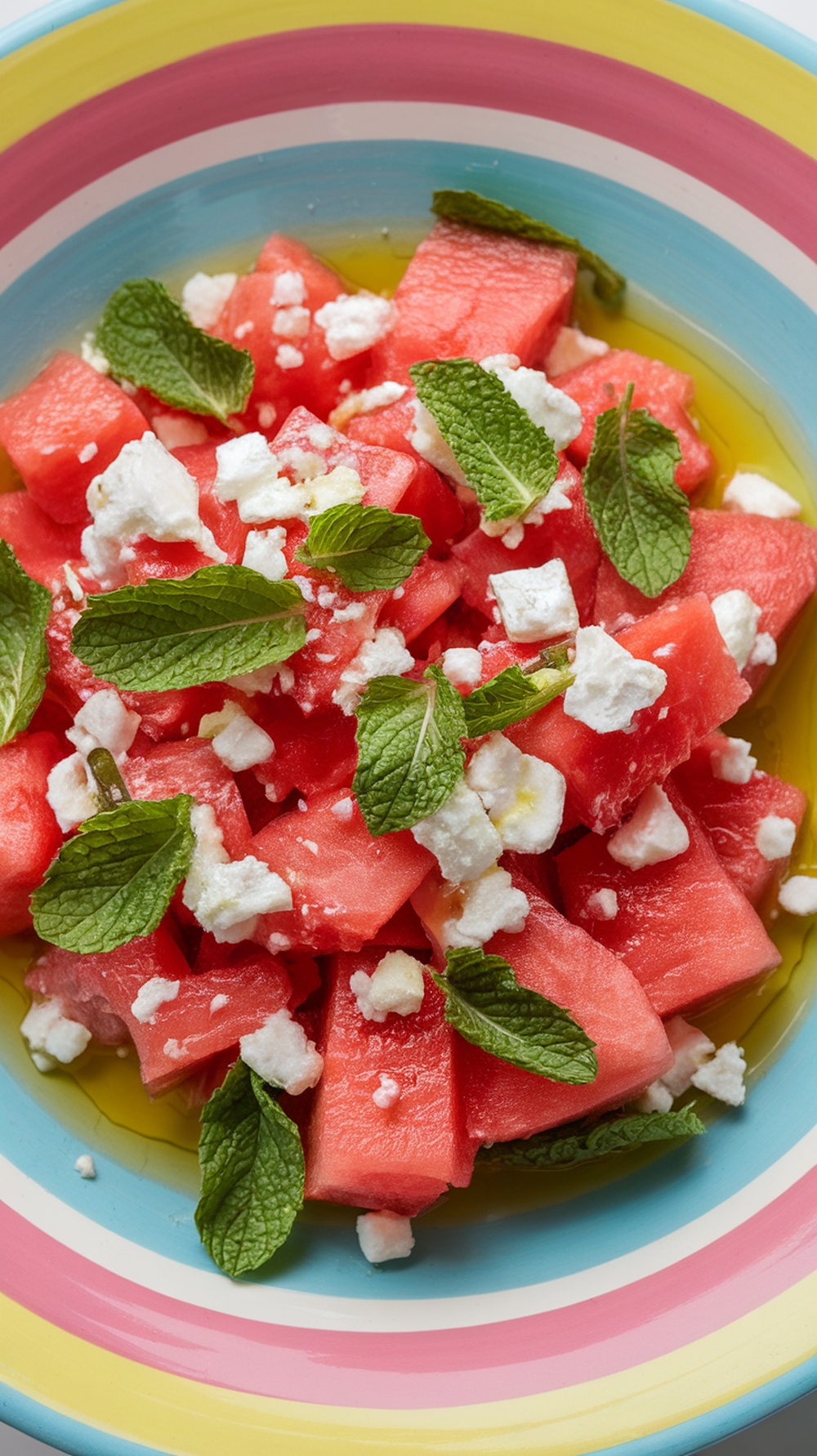 A colorful Watermelon Feta Salad with mint leaves on a striped plate.