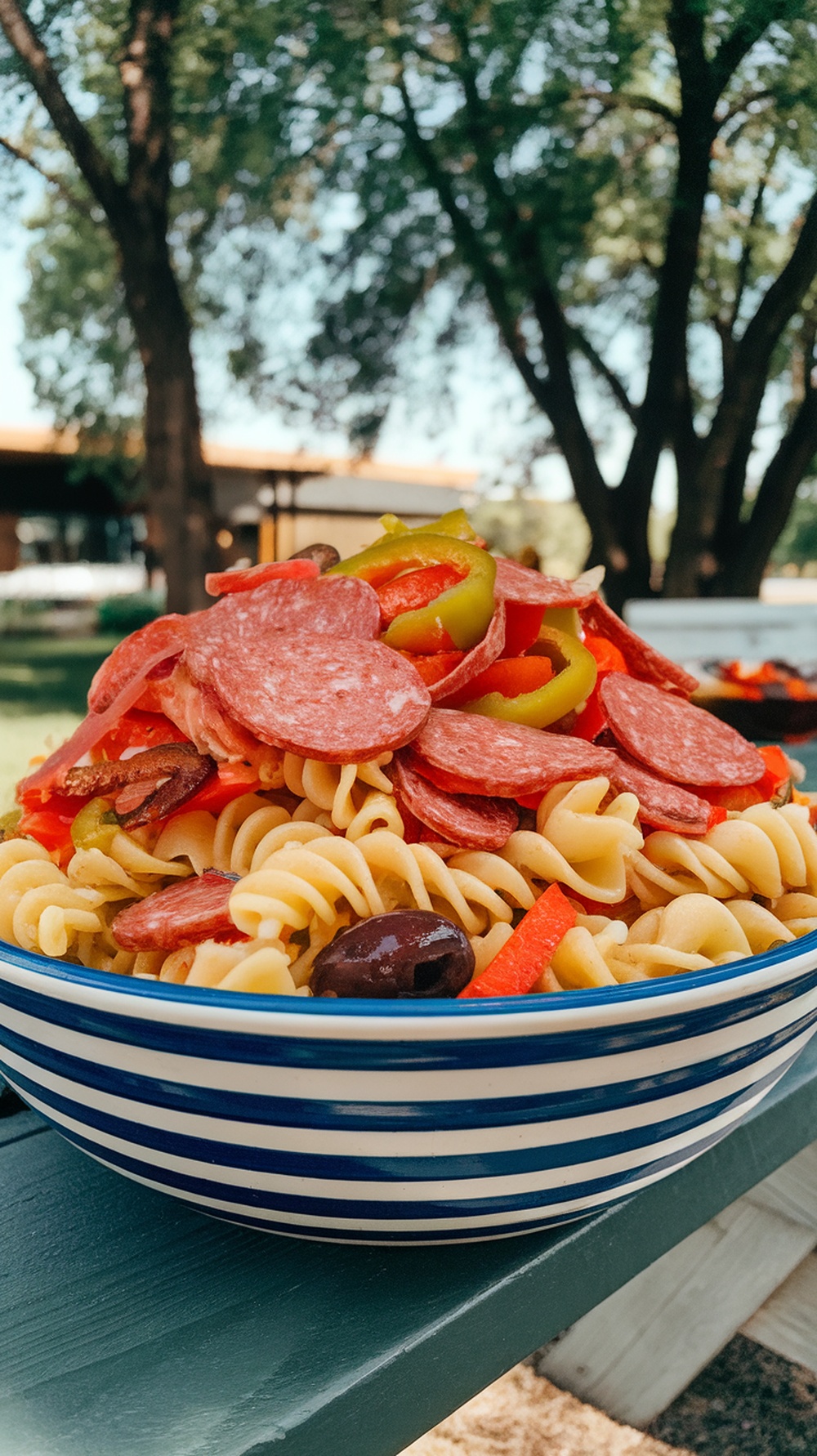 A bowl of zesty Italian pasta salad with salami, olives, and colorful bell peppers.