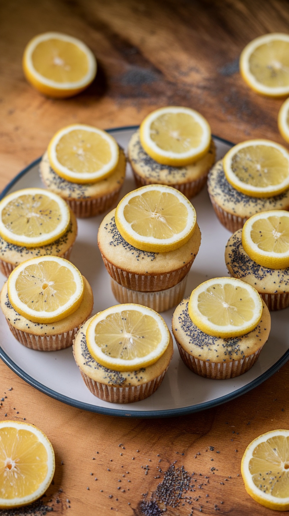 A plate of zesty lemon poppy seed mini muffins topped with lemon slices.